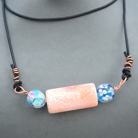Conceptual Subculture Jewelry - Genuine Untreated Coral Leather Floral Necklace